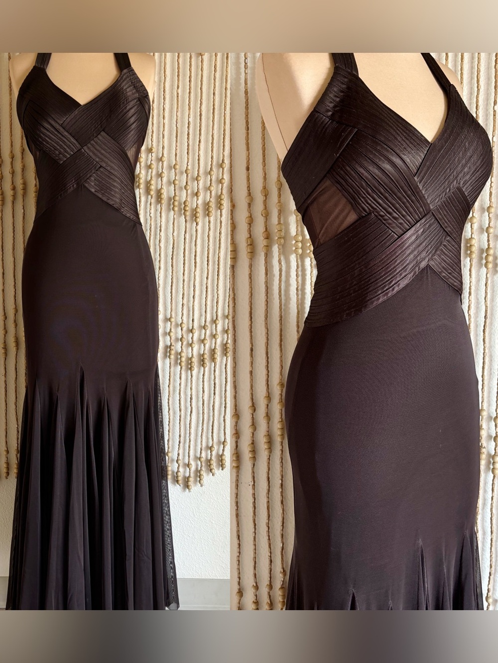 Cache Chocolate Brown Silky Mesh Mermaid Fit Wrap Bodice Formal Halter Maxi 2
